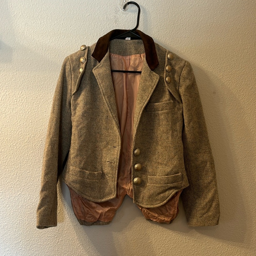 Brown Tweed 100% Wool Blazer with Gold Buttons